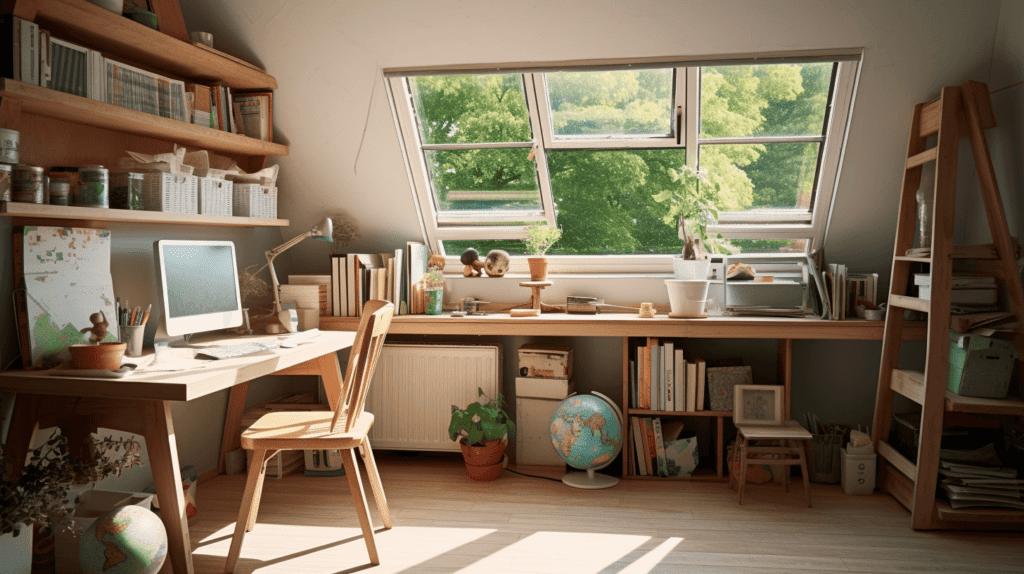 Ein Kinderzimmer, das die Bedeutung eines Schreibtisches hervorhebt, ein geräumiges Zimmer mit einem hölzernen Schreibtisch in der Nähe des Fensters, einfallendes Sonnenlicht, das die Bedeutung des Schreibtisches im Zimmer hervorhebt, Fotografie, DSLR-Kamera mit einem 50-mm-Objektiv