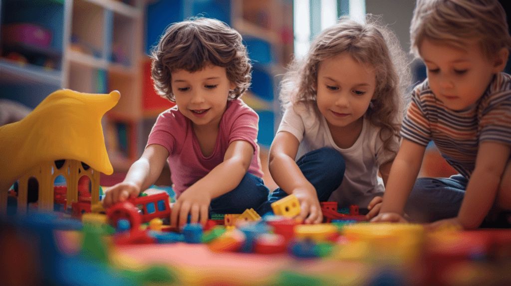 Ein Kind teilt ein Spielzeug mit einem anderen, zwei Kinder sitzen auf einer bunten Matte und spielen mit Bauklötzen, helles und fröhliches Zimmer mit Spielzeug gefüllt, Fotografie, DSLR-Kamera mit einem 50mm-Objektiv