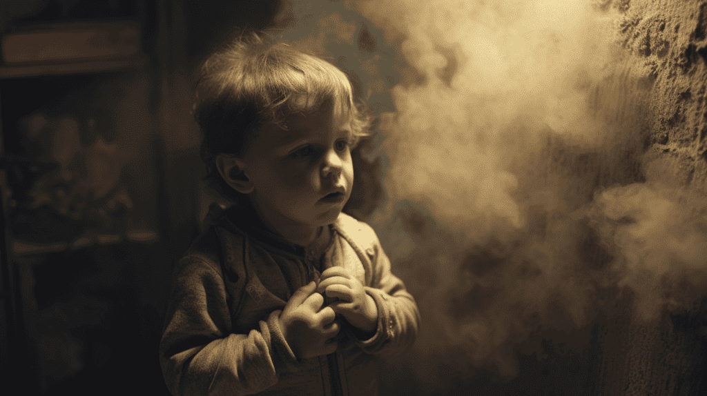Ein Kleinkind, das in einem verschimmelten Zimmer hustet, sichtbare Schimmelflecken an den Wänden, ein schwach beleuchteter Raum mit schlechter Belüftung, ein Gefühl der Besorgnis und Dringlichkeit, Fotografie, DSLR-Kamera mit 50-mm-Objektiv