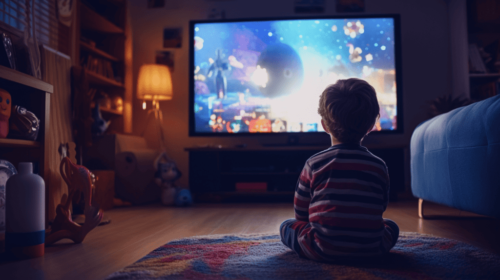 Ein Kind, das sich eine Bildungssendung im Fernsehen ansieht, bunte Grafiken und Animationen auf dem Bildschirm, ein gemütlicher und gut beleuchteter Raum, ein Gefühl der Neugier und des Lerneifers, Fotografie, DSLR-Kamera mit 50-mm-Objektiv