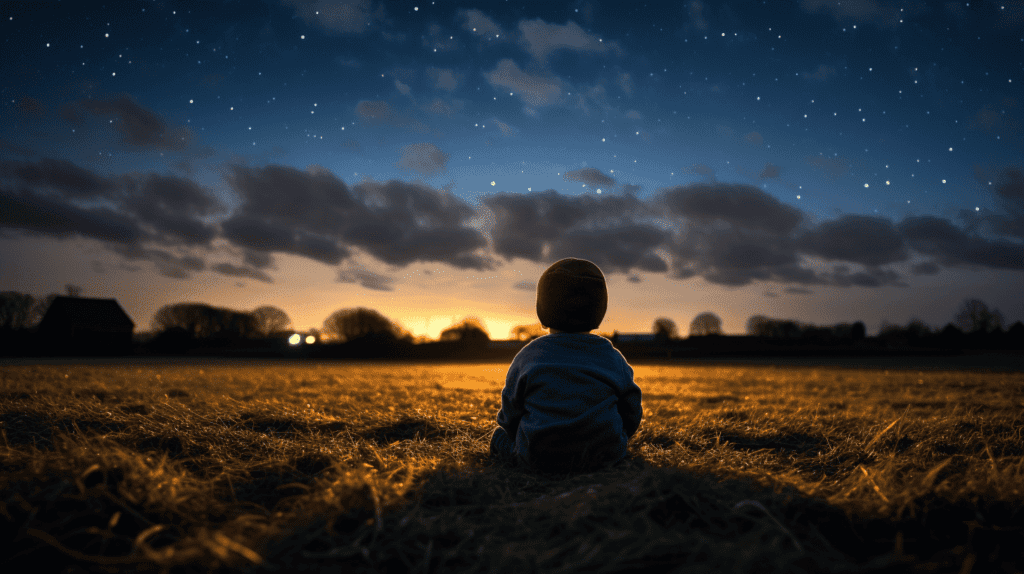 Ein neugieriges Kind, das die Sterne betrachtet, ein weiter Nachthimmel mit funkelnden Sternen und einer Mondsichel, eine ruhige ländliche Umgebung, kindliches Staunen und Erstaunen, Fotografie, DSLR mit einem 50mm Objektiv