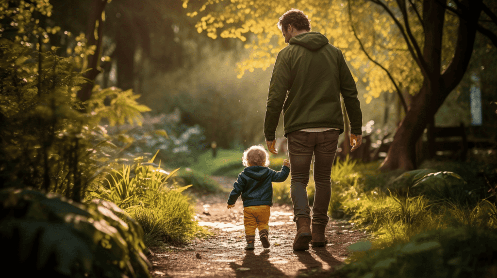 Ein Kleinkind, das die Hand eines Elternteils hält, das in einem Park spazieren geht, ein sonnenbeschienener Weg mit Bäumen auf beiden Seiten, ein Gefühl von Vertrauen und Bindung, Fotografie, DSLR-Kamera mit einem 50-mm-Objektiv