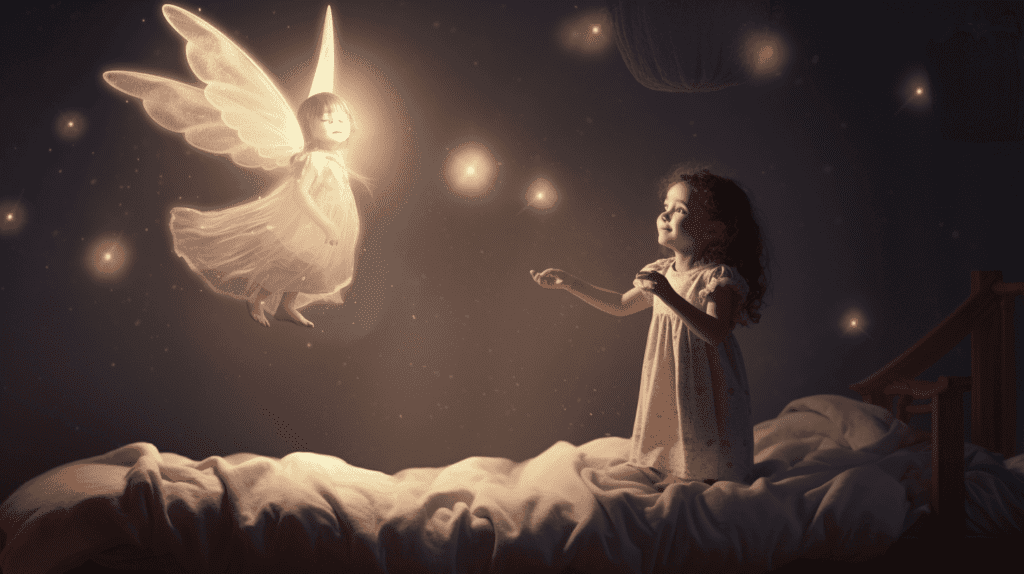 Eine Zahnfee, die über ein schlafendes Kind fliegt, der Raum ist schwach mit Mondlicht beleuchtet, ein Gefühl von Magie und Geheimnis, Illustration, digitale Kunst mit weichen Pastellfarben