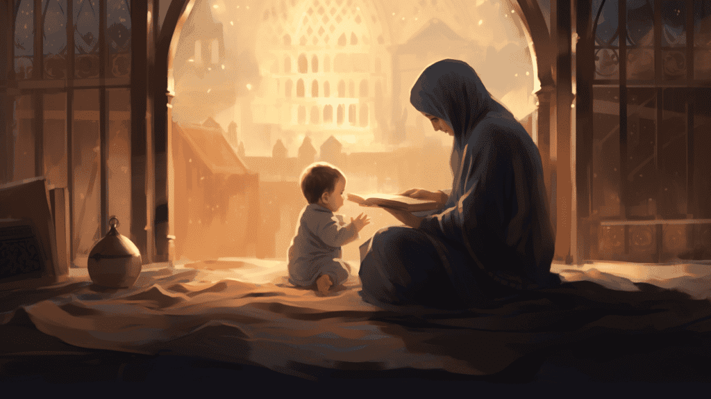 Die erste Begegnung eines Babys mit der Iqamah, einem traditionellen islamischen Kinderzimmer, das Echo der heiligen Worte in einem warmen, schwach beleuchteten Raum, das Gefühl eines neuen Anfangs, Illustration, digitaler Aquarellstil
