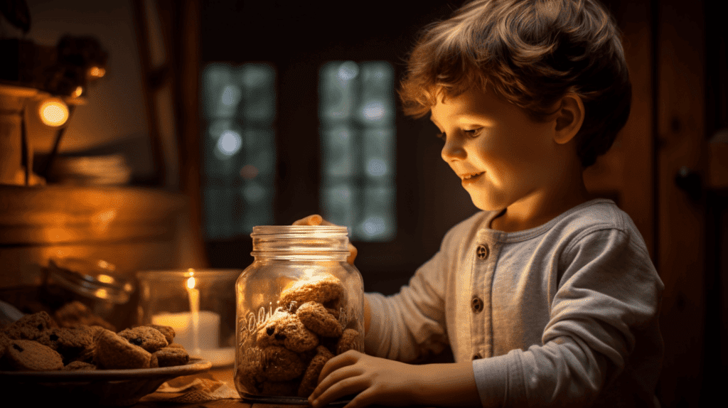 Ein Kind, das heimlich Kekse aus einem Glas nimmt, eine gemütliche Küchenumgebung mit warmer Beleuchtung, der Ausdruck des Kindes ist eine Mischung aus Aufregung und Schuldgefühlen, ein Gefühl von Heimlichkeit und Unschuld, Fotografie, DSLR-Kamera mit einem 50mm-Objektiv