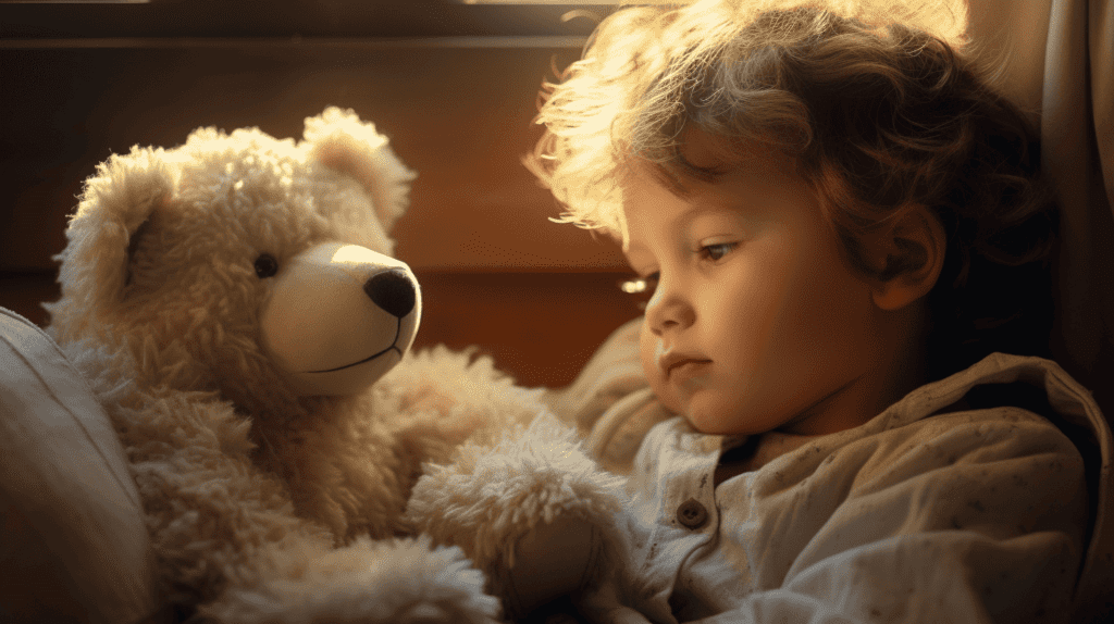 Ein Kind, das nachdenklich einen flauschigen, weißen Teddybären betrachtet, wobei die weiche Textur und die runden Augen des Teddybären hervorstechen, ein gemütliches Schlafzimmer, das mit verschiedenen Spielsachen gefüllt ist, und sanftes Sonnenlicht, das durch das Fenster fällt, ein Gefühl von Verwunderung und Unschuld in der Atmosphäre, Fotografie, DSLR-Kamera mit einem 50-mm-Objektiv