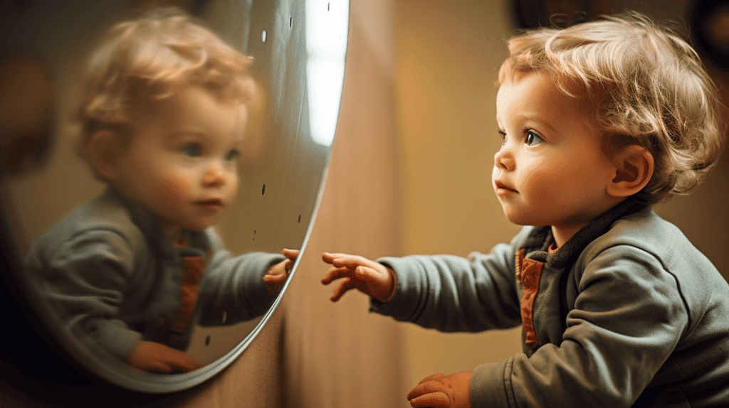 Ein kleines Kind, das sein Spiegelbild entdeckt, eine kleine Hand, die die Spiegeloberfläche berührt, ein helles und sauberes Kinderzimmer, ein Gefühl des Staunens und der Neugierde liegt in der Luft, Fotografie, DSLR-Kamera mit einem 50-mm-Objektiv