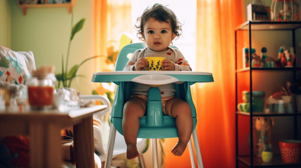 Ein Baby, das auf einem Hochstuhl sitzt und eine bunte Schnabeltasse erkundet, eine helle und verspielte Küchenumgebung, ein Sinn für Neugier und Lernen, Fotografie, DSLR-Kamera mit einem 50-mm-Objektiv,