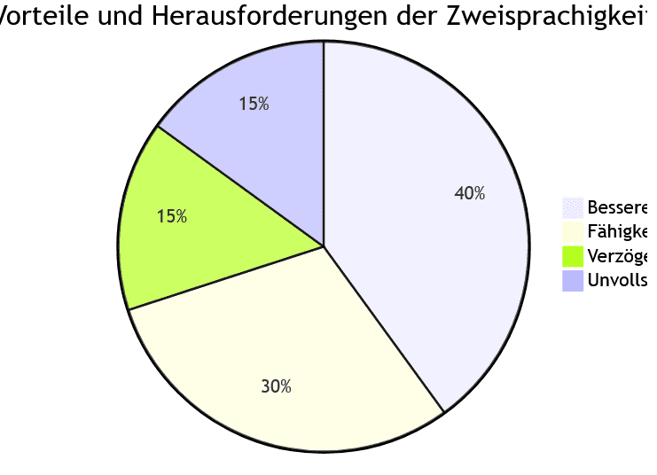 Kuchendiagramm, das die Verteilung der Vorteile und Herausforderungen der Zweisprachigkeit zeigt, einschließlich besserer Intelligenzstruktur, sozialer und kognitiver Fähigkeiten, der Fähigkeit, weitere Sprachen zu erlernen, verzögerter Gesamtentwicklung und unvollständigem Erlernen beider Sprachen.