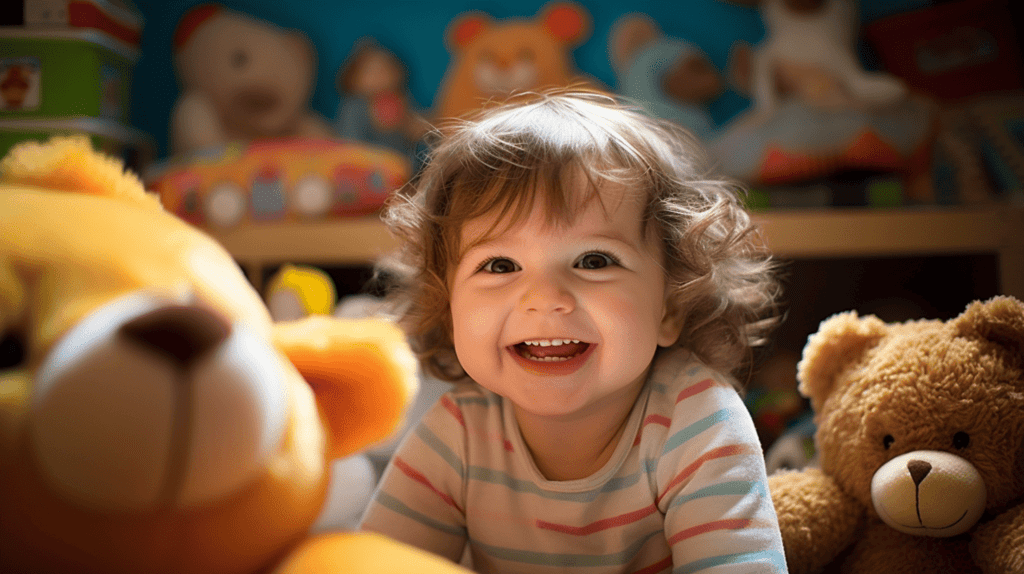 Ein kleines Kind, das seine ersten Worte "Mama" und "Papa" ausspricht, eine Nahaufnahme des Gesichts des Kindes, die Freude und Überraschung zeigt, ein gemütliches Kinderzimmer mit weicher Beleuchtung und Spielzeug verstreut, eine warme und zarte Atmosphäre, die den Meilenstein-Moment einfängt, Fotografie, realistischer Stil mit einer DSLR-Kamera, 50mm-Objektiv, Weichzeichner