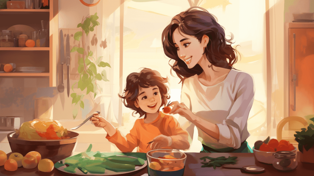 Eine farbenfrohe Illustration einer Familienküche, eine Mutter und ein Kind, die eine Mahlzeit ohne Zucker zubereiten, eine Vielzahl von Obst und Gemüse auf der Theke, die die Bedeutung einer zuckerfreien Ernährung in den frühen Jahren betont, helle und fröhliche Atmosphäre, Illustration, digitale Kunst
