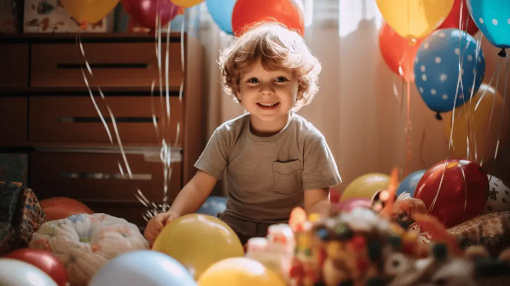 Eine Geburtstagsfeier für ein Kleinkind, ein kleines Kind, das freudig ein buntes Sparschwein öffnet, ein gemütlicher Raum voller Luftballons und Dekorationen, ein Gefühl von Unschuld und Freude, Fotografie, DSLR-Kamera mit einem 50-mm-Objektiv