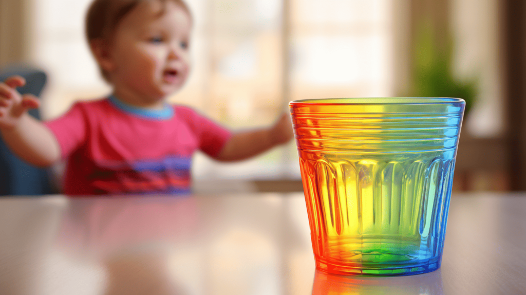 Das erste Trinkglas eines Babys, ein farbenfroher, unzerbrechlicher Plastikbecher für kleine Hände, auf einem hellen, fröhlichen Küchentisch, der Sicherheit und Kinderfreundlichkeit betont, Realistische Fotografie, DSLR-Kamera mit Makroobjektiv für detaillierte Nahaufnahmen