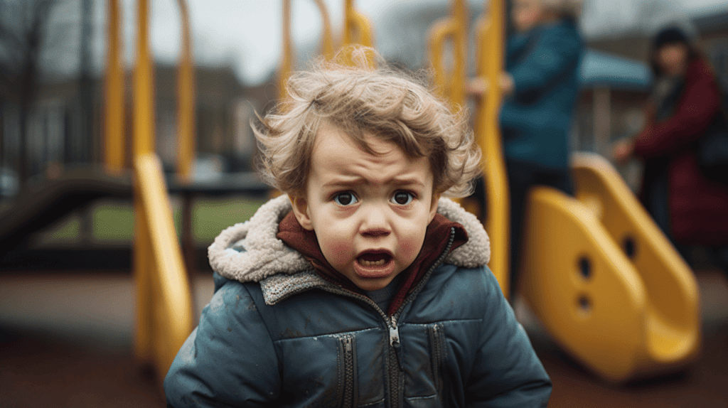 Ein Kleinkind, das auf einem Spielplatz sein Unbehagen ausdrückt, der Gesichtsausdruck des Kindes zeigt Verwirrung und Traurigkeit, andere Kinder spielen im Hintergrund, eine beruhigende und sichere Atmosphäre, Fotografie, DSLR-Kamera mit einem 50-mm-Objektiv