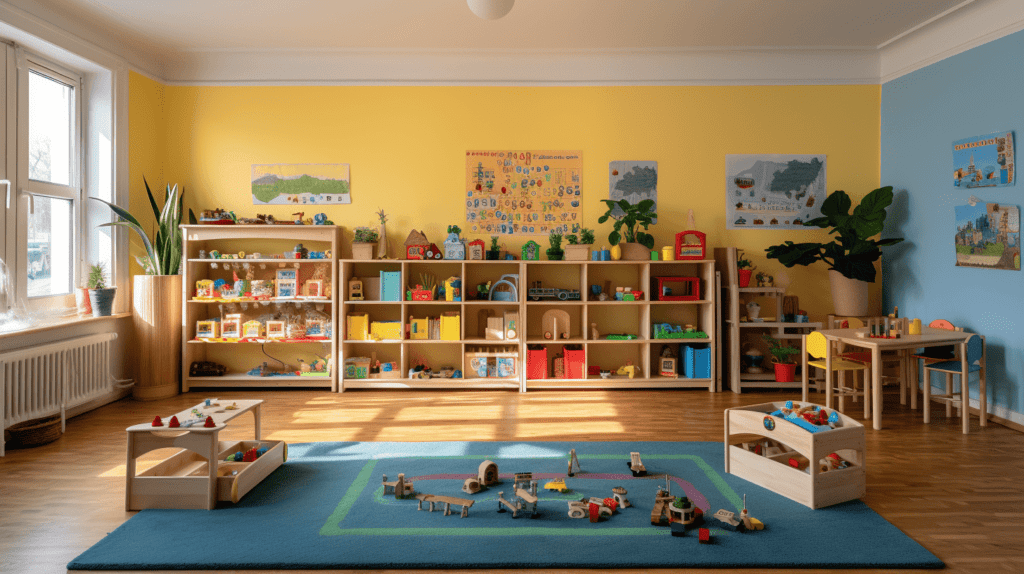 Ein farbenfrohes Montessori-Klassenzimmer, ordentlich geordnete Regale mit einer Vielzahl von Spielzeugen und Lernmaterialien, eine ruhige und einladende Atmosphäre, Kinder, die sich mit verschiedenen Spielzeugen beschäftigen, Fotografie, DSLR-Kamera mit Weitwinkelobjektiv