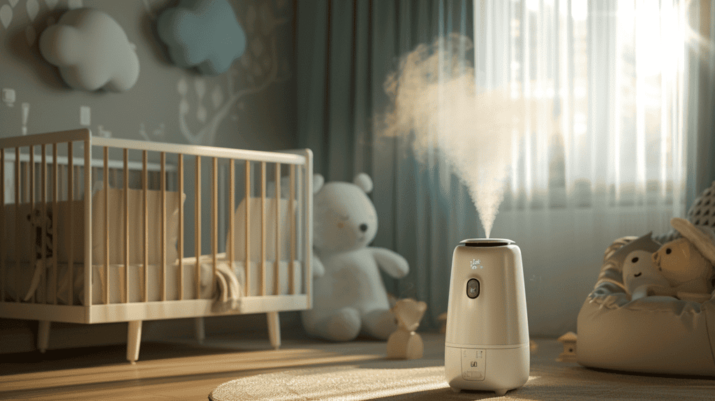 Ein ruhiges Kinderzimmer mit einem modernen Luftbefeuchter, der Luftbefeuchter gibt sanft Nebel in die Luft ab, ein gemütliches, gut eingerichtetes Babyzimmer mit weicher Beleuchtung, ein Gefühl von Ruhe und Komfort, Fotografie, realistischer Stil mit einer DSLR-Kamera, Weitwinkelobjektiv