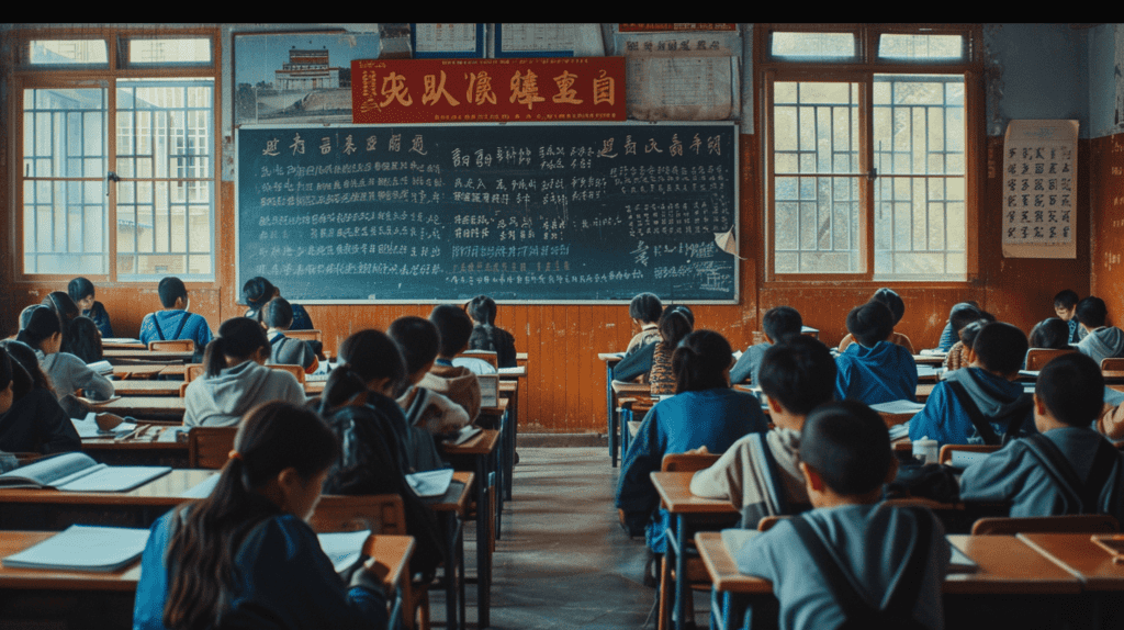 Ein geschäftiges chinesisches Klassenzimmer, Studenten, die sich mit fortgeschrittenen Studien befassen, Wände, die mit pädagogischen Errungenschaften geschmückt sind, ein Gefühl von akademischer Exzellenz und Hingabe, Fotografie, hochauflösende Digitalkamera mit einem 50-mm-Objektiv