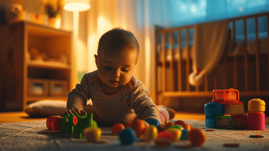 Eine nährende Szene in einem gemütlichen Kinderzimmer, ein Baby, das bunte Spielsachen erkundet, weiche Beleuchtung, ein Gefühl von Wärme und Sicherheit, Fotografie, hochauflösende Digitalkamera mit einem 50mm-Objektiv