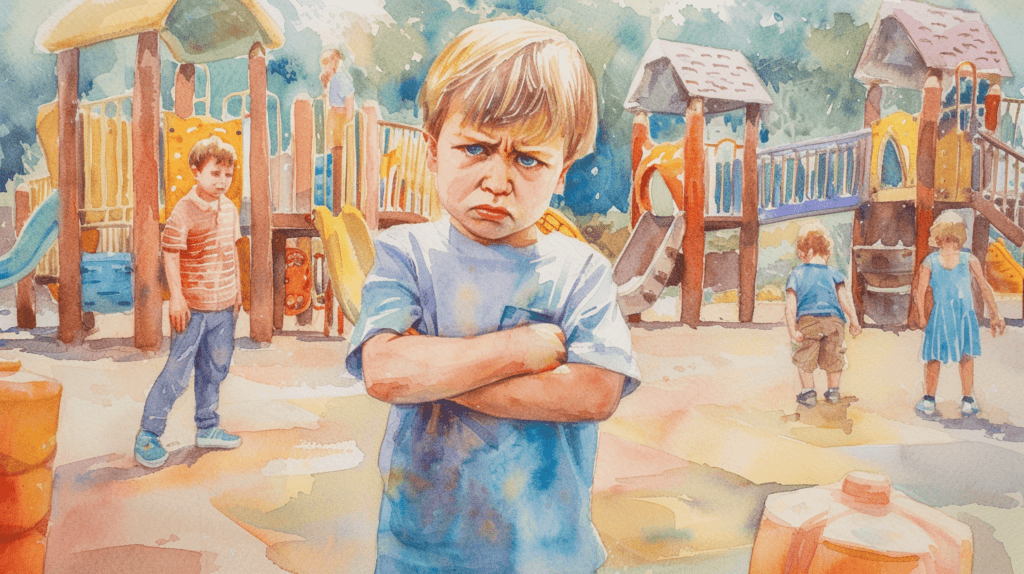 Ein kleines Kind steht auf einem Spielplatz, hält ein Spielzeug in der Hand und sieht entschlossen und frustriert aus, umgeben von anderen spielenden Kindern, Kunstwerk, Aquarellmalerei