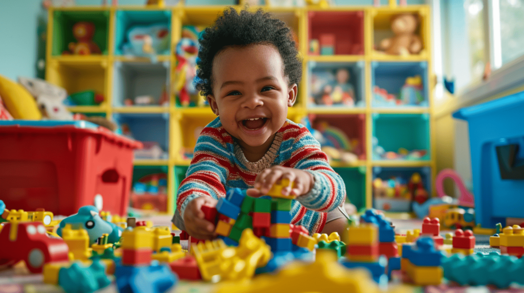 Ein Kleinkind, das in einem farbenfrohen Spielzimmer fröhlich seine Spielsachen aufräumt, das Kind hebt Bauklötze auf und legt sie in eine Spielzeugkiste, ein helles und fröhliches Zimmer, das mit Lernspielzeug gefüllt ist, ein Gefühl von Erfolg und Freude an den Handlungen des Kindes, Fotografie, hochauflösende Digitalkamera mit 50-mm-Objektiv