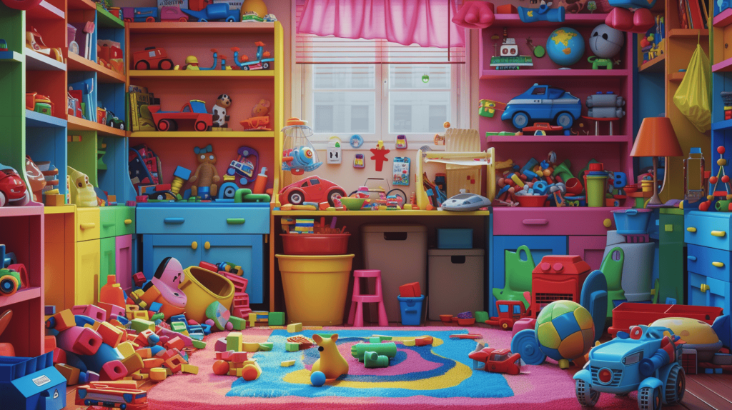 Eine lebendige Illustration eines Kinderzimmers, das mit verschiedenen Plastikspielzeugen gefüllt ist, die die Bedeutung der ordnungsgemäßen Entsorgung hervorheben. Das Zimmer ist unübersichtlich und doch farbenfroh und unterstreicht die Notwendigkeit des Umweltbewusstseins, Illustration, digitale Kunst mit lebendigen Farben und detaillierten Texturen