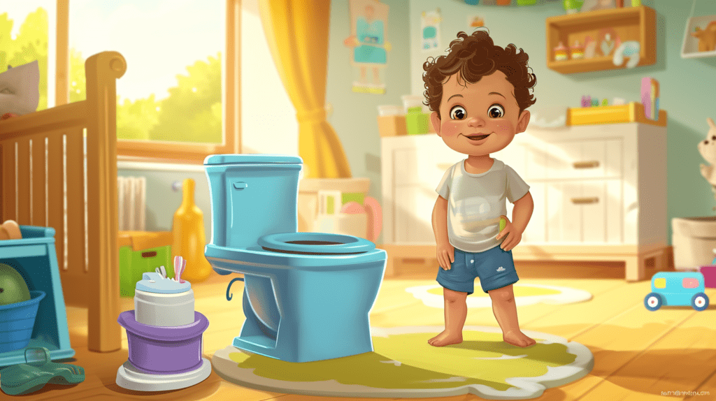 Ein Kleinkind, das stolz neben einem Töpfchen steht, zeigt die Entwicklungsschritte zwischen 18 und 24 Monaten, ein verspieltes und lebendiges Kinderzimmer, Gefühle von Stolz und Unabhängigkeit, Illustration, digitale Kunst im Cartoon-Stil