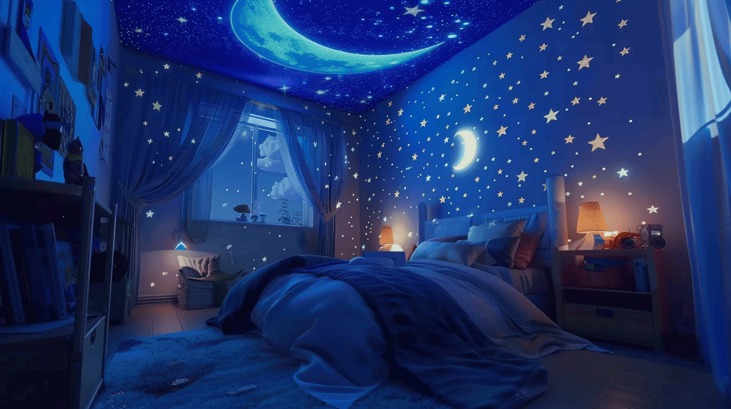 Ein Kind schläft zum ersten Mal alleine, ein Sternenprojektor wirft Sterne und den Mond an die Decke, ein Gefühl von Staunen und Unabhängigkeit, eine ruhige und träumerische Stimmung, 3D-Kunst, gerendert in Blender mit einem Fokus auf weiches Licht und realistische Texturen.