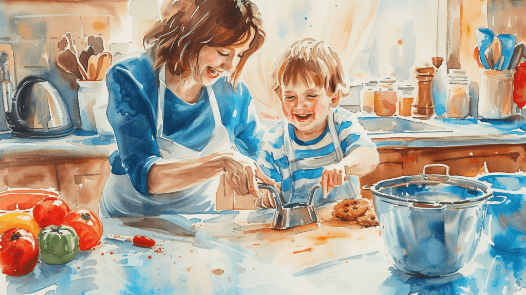 Gemeinsam Alternativen finden, eine helle Küchenszene, in der ein Elternteil und ein Kind Kekse backen, das Kind lächelt, hält eine Ausstechform in der Hand, umgeben von Zutaten, betont die Zusammenarbeit und die Freude an einfachen Tätigkeiten, Kunstwerk, Aquarellmalerei