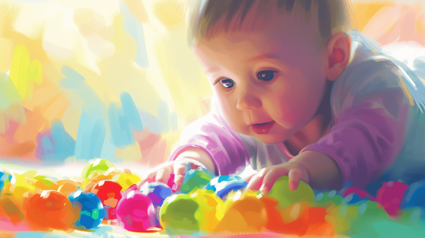 Ein Baby, das im Alter von 3 Monaten nach einem bunten Spielzeug greift, der Moment des Kontakts, wenn die Finger das Spielzeug berühren, helle und leuchtende Farben des Spielzeugs kontrastieren mit dem neugierigen Gesichtsausdruck des Babys, das die ersten Greifversuche festhält, Illustration, digitale Kunst mit lebhaften Farben und detaillierten Ausdrücken