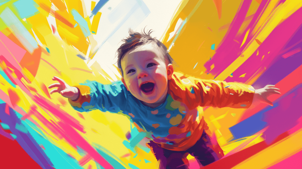 Die Reise eines Babys bei der Beherrschung der Hand-Hand-Koordination, von unbeholfenen Versuchen bis zu selbstbewusstem Greifen, eine Abfolge von Interaktionen mit buntem Spielzeug, lebendig und dynamisch, Illustration, digitale Kunst mit lebhaften Farben und ausdrucksstarken Linien