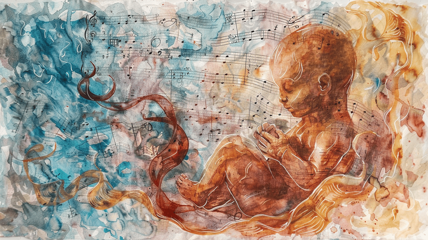 Sprachentwicklung seit der Geburt, eine kunstvolle Darstellung, die ein Baby im Mutterleib zeigt, umgeben von Musiknoten und sanften Stimmen, während es zur Melodie der Stimmen seiner Eltern reagiert. Kunstwerk, Aquarell auf strukturiertem Papier.