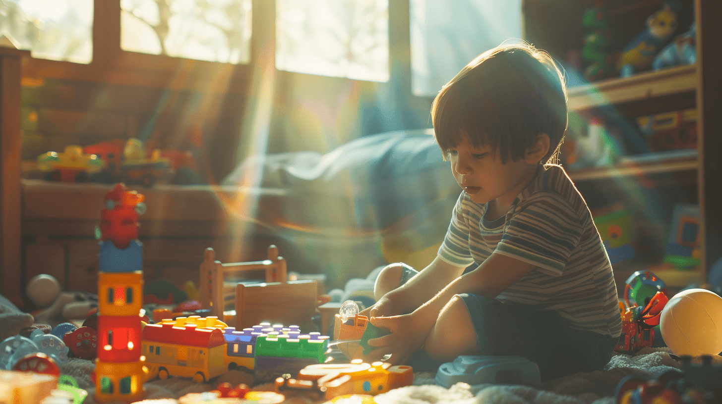 Ein Kind lernt, Spielzeug mit Freunden zu teilen, ein helles und buntes Spielzimmer voller verschiedener Spielzeuge, Sonnenlicht strömt durch das Fenster und betont die Freude und das Lachen unter den Kindern, Fotografie, realistischer Stil mit einer DSLR-Kamera