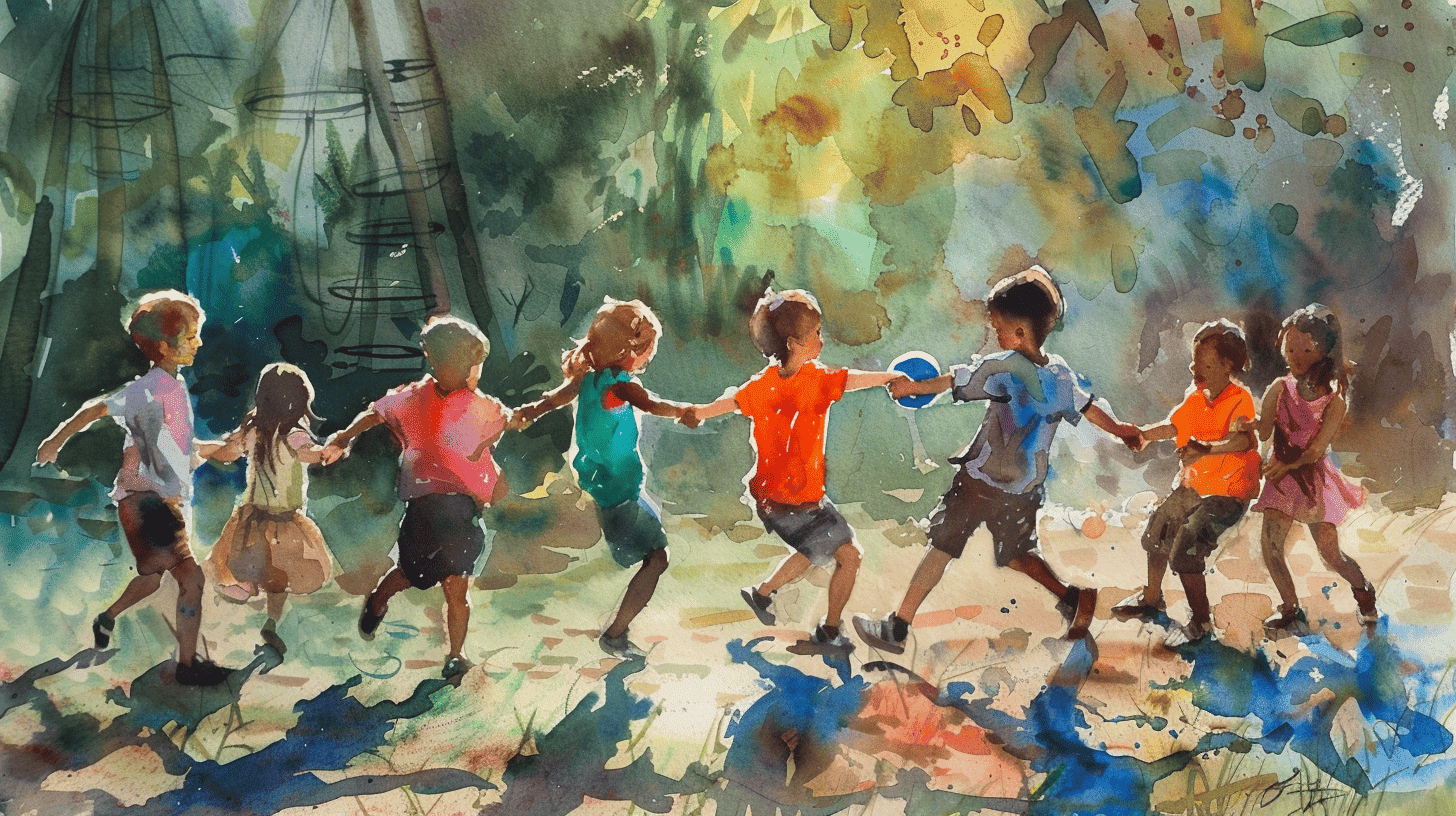 Kinder spielen ein Teilen-Spiel, ein lebhaftes Außensetting mit einem Kreis von Kindern, die einen Ball weitergeben, der Hintergrund ist ein verschwommenes Grün und Spielstrukturen, Fokus auf Ausdrücken von Aufregung und Zusammenarbeit, Kunstwerk, Aquarell auf Papier