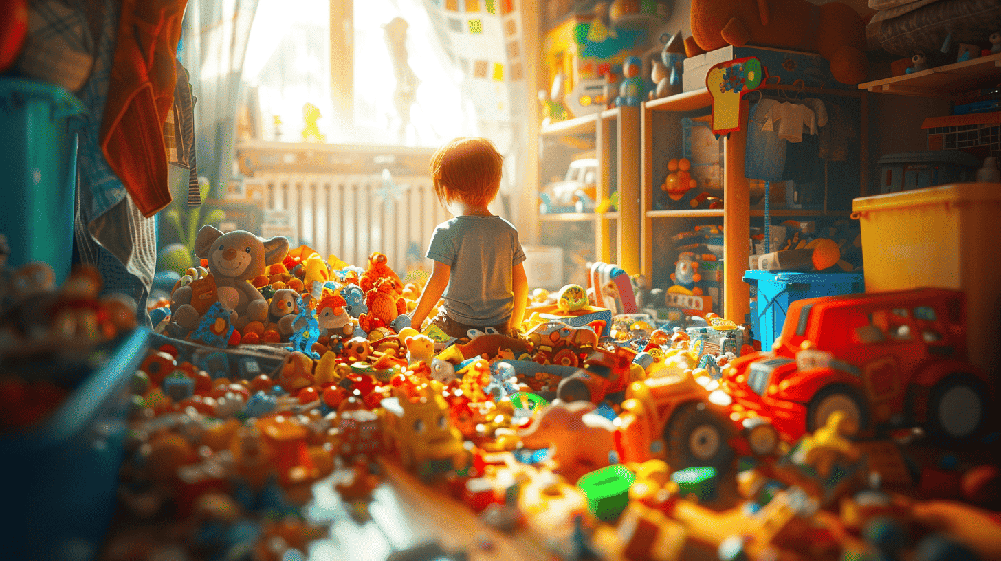 Ein Kind spielt in einem mit Spielzeug gefüllten Raum, der hell und bunt ist, aber beengt wirkt, eine Atmosphäre überwältigender Fülle, 3D-Rendering, CGI mit realistischen Texturen und Beleuchtung
