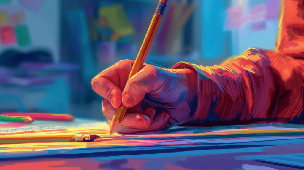 Der Drei-Punkt-Griff in Aktion, eine detaillierte Illustration einer Kinderhand, die einen Bleistift mit dem empfohlenen Drei-Punkt-Griff hält, eine interaktive und anregende Umgebung im Klassenzimmer, eine Stimmung des Entdeckens und der Verbesserung, Illustration, digitale Kunst mit leuchtenden Farben