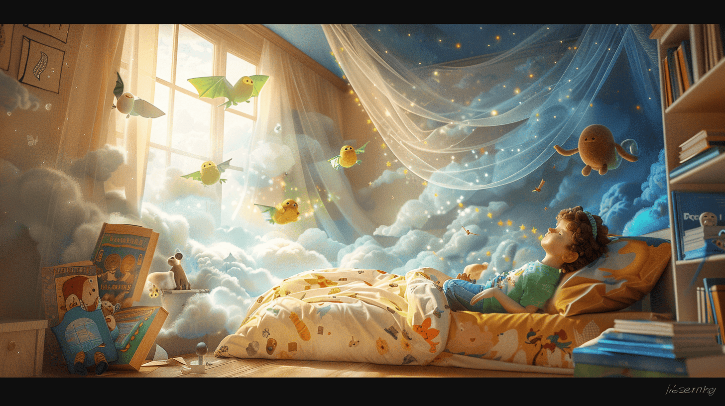 Ein Kleinkind, das den Übergang zum Alleinschlafen vollzieht, dargestellt in einem skurrilen Schlafzimmer mit einem Himmelbett, umgeben von imaginären Freunden aus Bilderbüchern, die Luft erfüllt von einem Gefühl von Abenteuer und Geborgenheit, Illustration, digitale Kunst im Stil eines Bilderbuchs