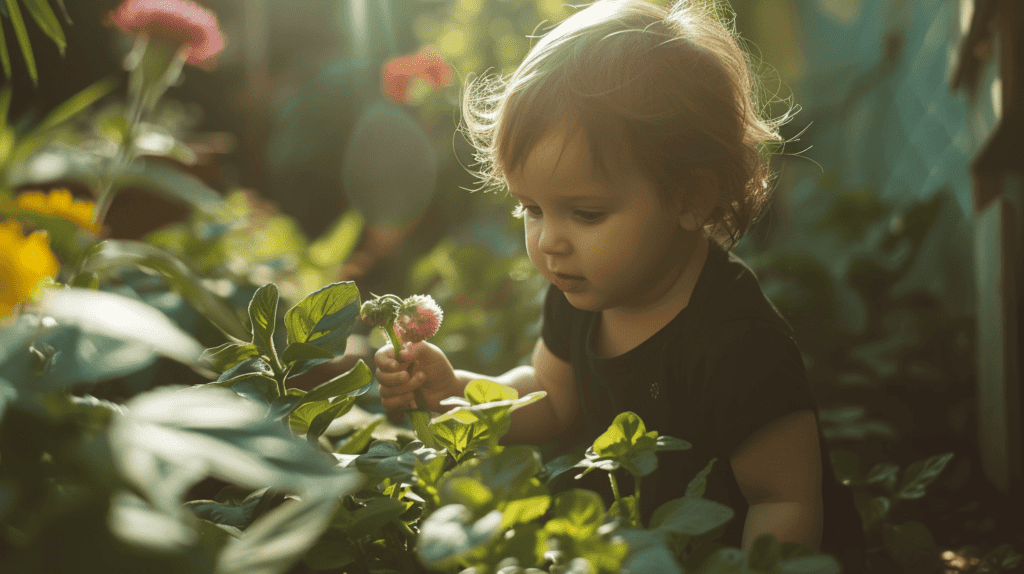 Ein neugieriges Kleinkind erkundet einen Garten, die großen Augen des Kindes sind voller Staunen, als es eine leuchtende Blume berührt, ein üppiger Garten mit einer Vielzahl von Pflanzen und Blumen, das Sonnenlicht dringt durch die Blätter und schafft eine warme und einladende Atmosphäre, Fotografie, mit einer DSLR-Kamera mit einem 50-mm-Objektiv