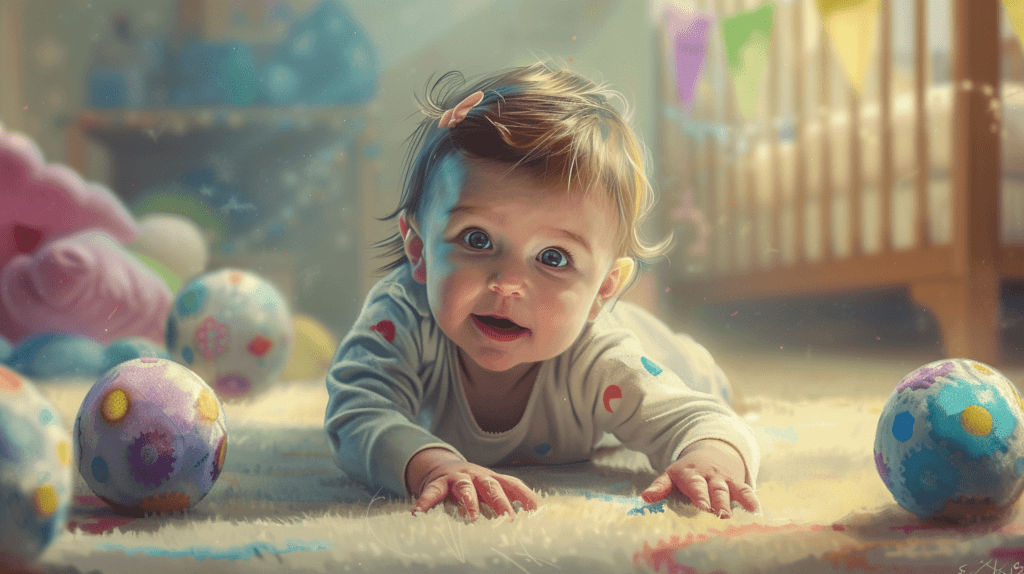 Ein drei Monate altes Baby, das zum ersten Mal erfolgreich nach einem weichen, strukturierten Ball greift, die Aufregung und Neugier in seinen Augen, umgeben von einem Kinderzimmer, das mit Pastellfarben und verspielten Motiven dekoriert ist, die Atmosphäre ist voller Freude und Entdeckungen, Kunstwerk, digitale Malerei