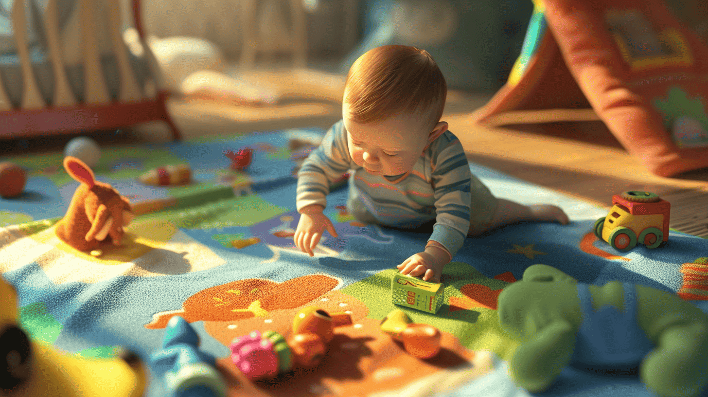 Ein Baby, das Objekte mit verschiedenen Greiftechniken erkundet, umgeben von einer Vielzahl von Spielzeugen und Texturen, eine Szene voller Erkundung und Lernen, die die Bedeutung des Greifens in der kognitiven Entwicklung hervorhebt, 3D, hochdetaillierte Modelle mit realistischen Texturen und Beleuchtung
