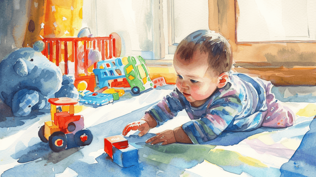 Ein Baby, das entschlossen nach einem farbenfrohen Spielzeug greift, der Raum ist gefüllt mit Kuscheltieren und sanftem Sonnenlicht, das durch ein Fenster strömt und den konzentrierten Ausdruck des Babys und den Meilenstein des willentlichen Greifens hervorhebt, Illustration, Aquarell und Tinte auf Papier