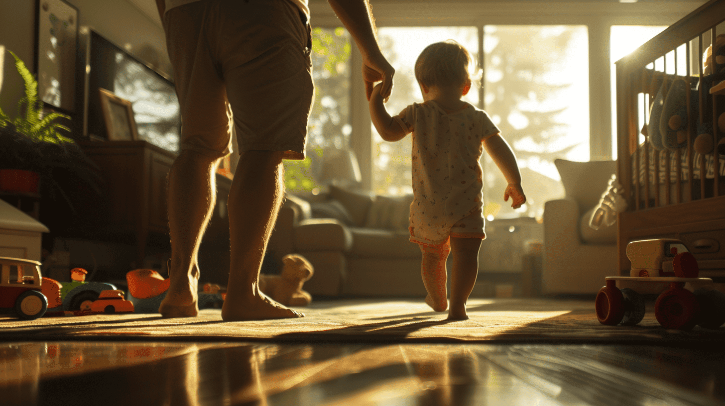 Ein junges Kind macht seine ersten Schritte, während die Hand eines Elternteils es sanft führt, in einem sonnendurchfluteten Wohnzimmer voller Spielzeug. Der Moment ist voller Freude, Vorfreude und einer Prise Besorgnis.