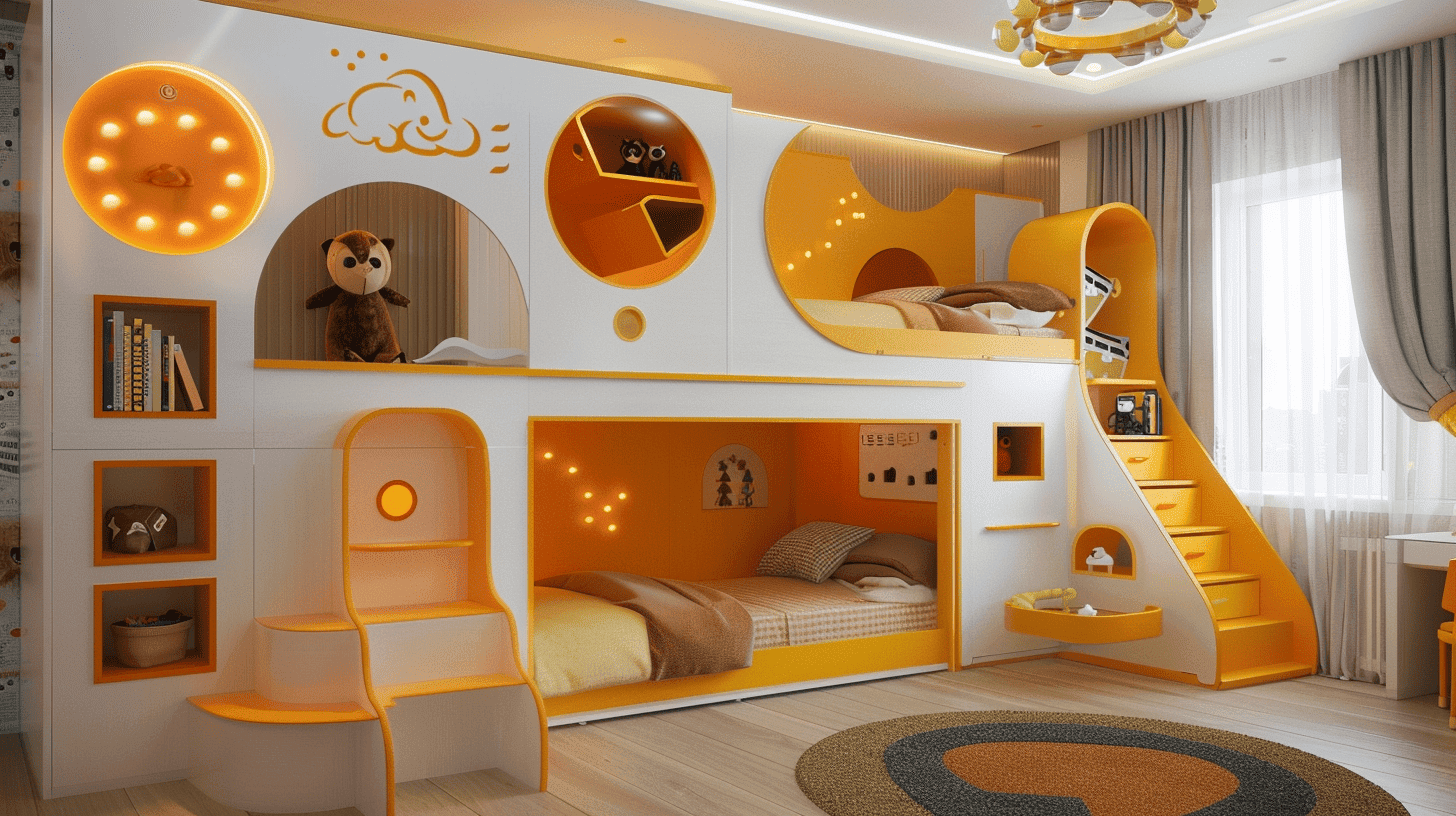 Ein funktionales Kinderzimmer mit multifunktionalen Möbeln, die mit dem Kind mitwachsen, clevere Aufbewahrungslösungen und ergonomische Designs, ein Raum, der sich den Bedürfnissen des Kindes anpasst, 3D-Modellierung, realistische Renderings mit Blender