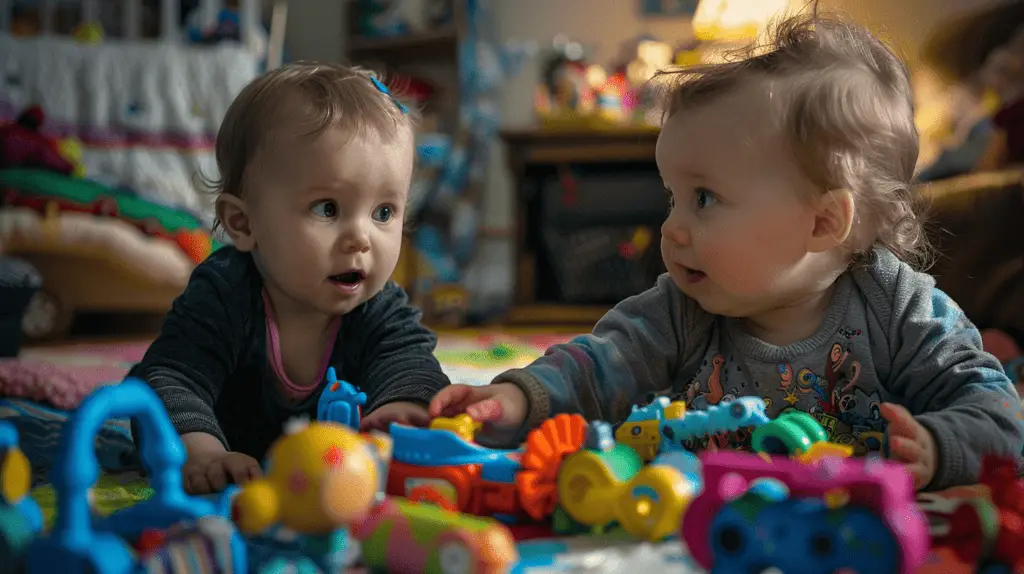 Ein Kleinkind teilt Spielzeug mit einem Freund auf einem bunten Spielteppich, umgeben von einer Vielzahl von Spielzeugen. Sie strahlen vor Freude, während das eine Kleinkind dem anderen ein Spielzeug übergibt. Fotografie im realistischen Stil mit Fokus auf natürlichem Licht und Tiefenschärfe, aufgenommen mit einer DSLR-Kamera und einem 50-mm-Objektiv.