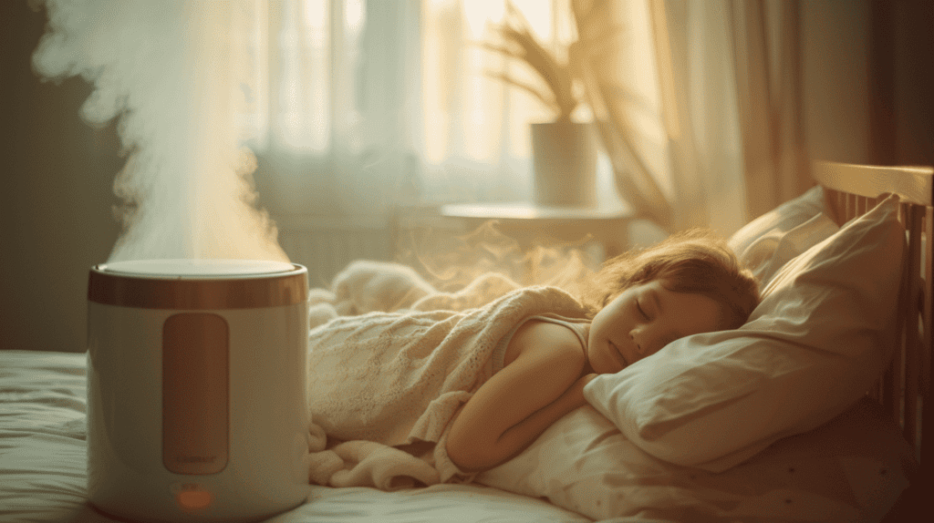 Ein gemütliches Kinderzimmer mit einem modernen Luftbefeuchter, ein Kind schläft friedlich in einem Kinderbett, weiches Licht, das durch die Vorhänge fällt und den sanften Nebel des Luftbefeuchters hervorhebt, Fotografie, realistisches Foto mit einer Canon EOS 5D Mark IV, Objektiv