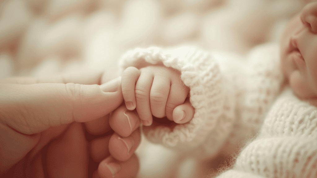 Die Hand eines Neugeborenen ergreift instinktiv den Finger eines Erwachsenen, die winzigen Finger sind fest umschlungen, ein Symbol für den angeborenen Greifreflex, ein weiches, warmes Licht beleuchtet die zarte Interaktion und fängt die Reinheit und Unschuld des Augenblicks ein, Fotografie, Nahaufnahme mit einer DSLR-Kamera