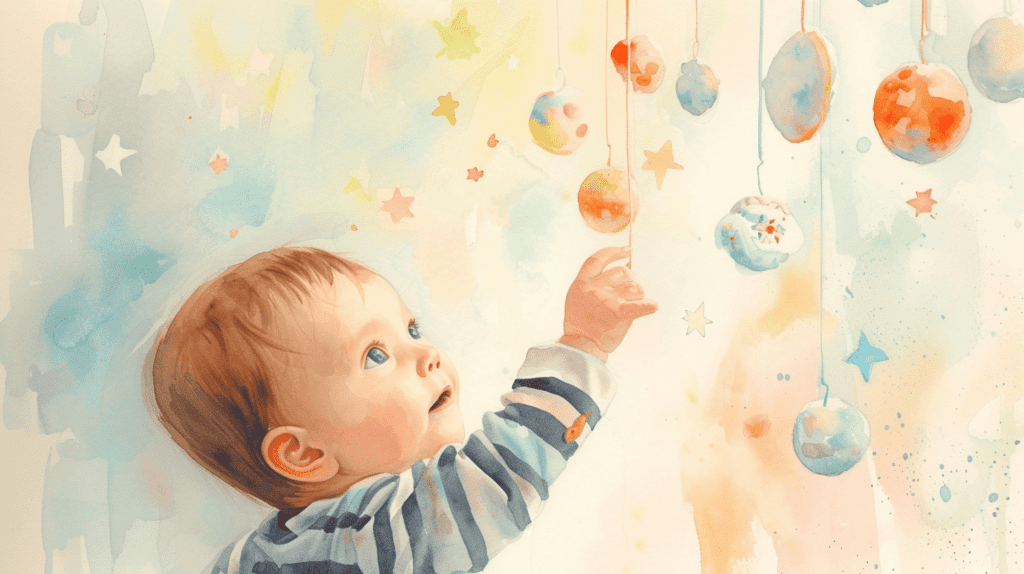 Die Bedeutung der Hand-Augen-Koordination in der Entwicklung eines Babys, eine spielerische Szene eines Babys, das nach einem hängenden Mobile greift, die Augen auf das Ziel gerichtet, ein Raum voller weicher Pastellfarben, die eine warme und ermutigende Atmosphäre schaffen, Kunstwerk, Aquarellmalerei