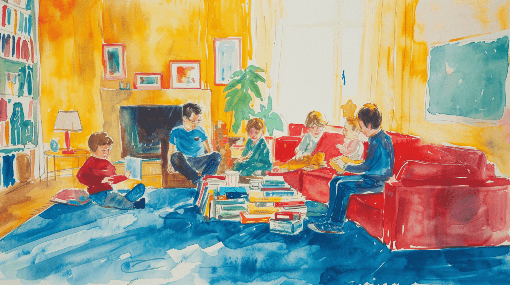 Jesper Juul in einem warmen, einladenden Wohnzimmer, im Gespräch mit Kindern, Bücher und Spielzeug liegen verstreut herum und symbolisieren die Bedeutung der frühkindlichen Erziehung und der elterlichen Betreuung, Kunstwerk, Aquarell auf Papier