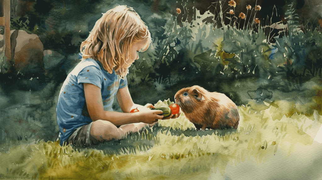 Ein 9-jähriges Kind, das ein Meerschweinchen mit frischem Gemüse füttert, beide sitzen auf dem Rasen in einem Hinterhof, sonniger Tag, zeigt Lernen und Verantwortung, Aquarellmalerei, weiche Texturen und leuchtende Grüntöne, um eine warme, nährende Umgebung widerzuspiegeln