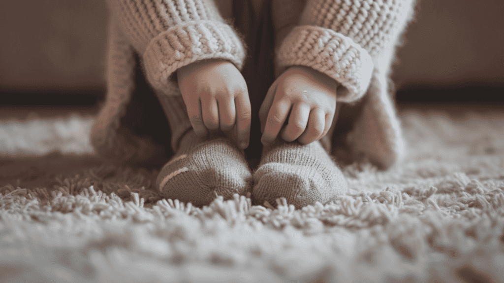 Ein Kind beim Anziehen von Socken und Schuhen, Nahaufnahme von kleinen Händen und Füßen, Fokussierung auf die Anstrengung und Konzentration, eine gemütliche und komfortable Umgebung mit weichen Texturen, Fotografie, Makroaufnahme mit einer DSLR-Kamera und einem 100-mm-Makroobjektiv