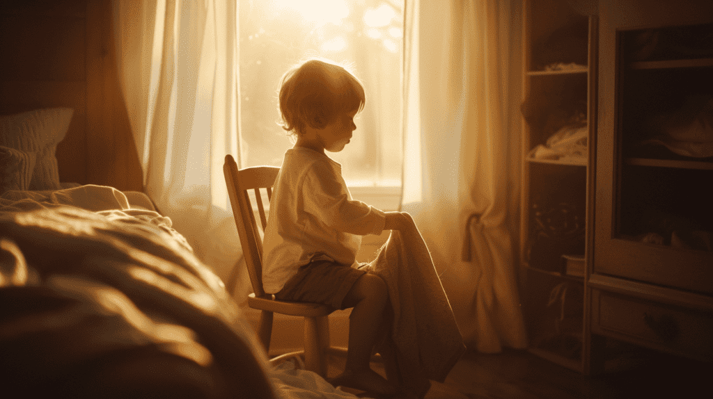 Ein Kind, das mit Geduld und Zeit lernt, sich anzuziehen, ein ruhiger Morgen in einem hell erleuchteten Raum, die Kleidung ordentlich auf einem kleinen Stuhl ausgebreitet, das weiche Morgenlicht schafft eine warme und einladende Atmosphäre, Fotografie, mit einer DSLR-Kamera mit einem 50-mm-Objektiv